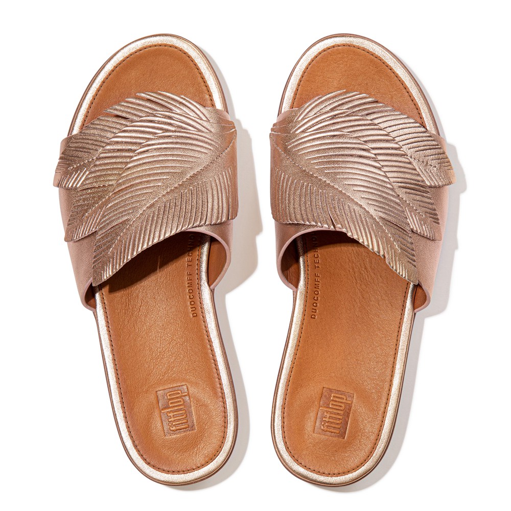 Fitflop Womens Slides - Sola Feather Metallic Leather - Rose Gold - 609-RMPKEG